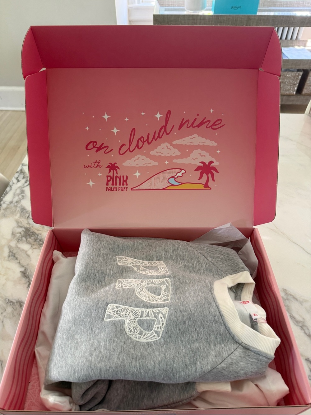 Pink Palm Puff Coastal Collection NEW Grey Crewneck Sweatshirt